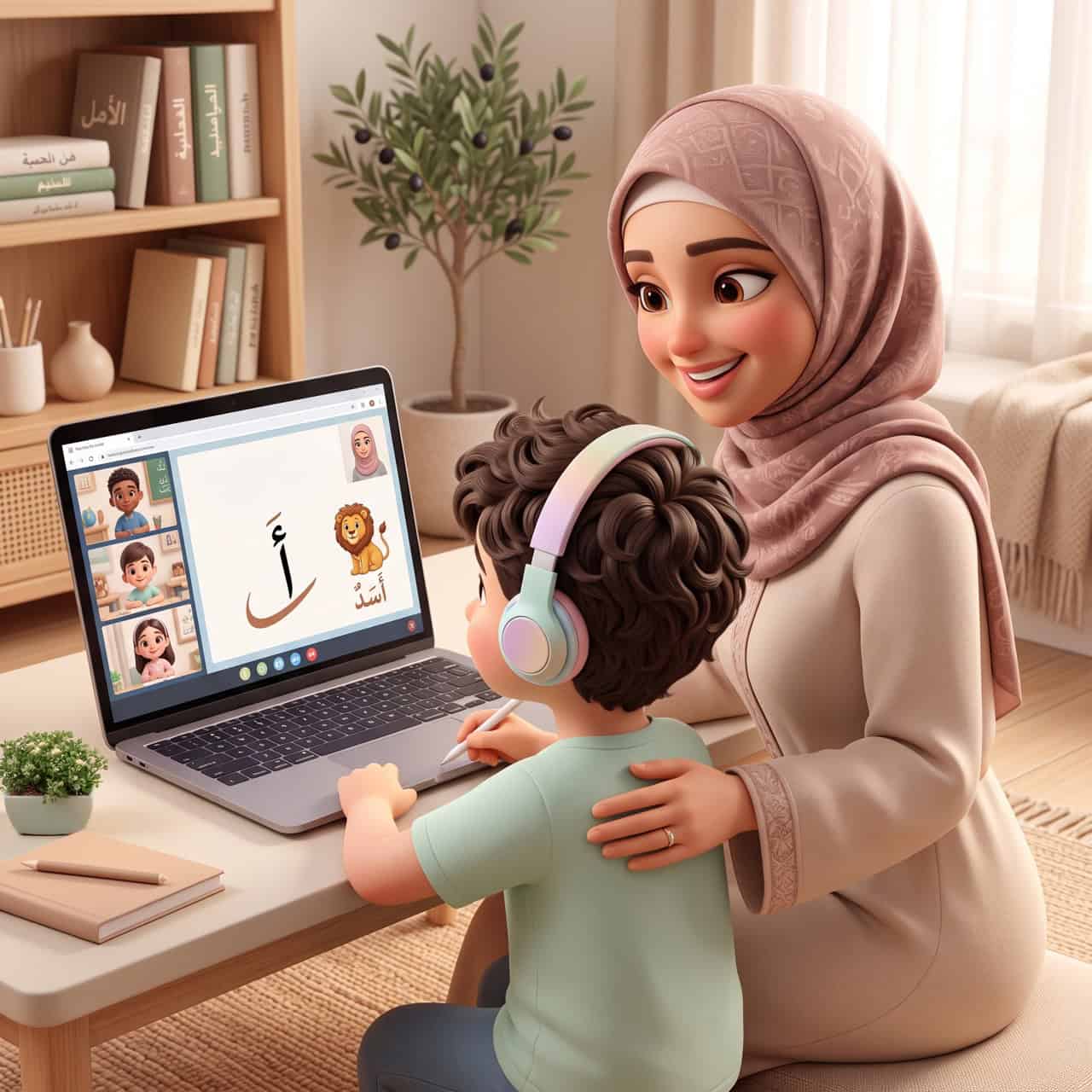 أم تجلس خلف طفلها أثناء حصة عربية افتراضية على الكمبيوتر وتراقبه بابتسامة